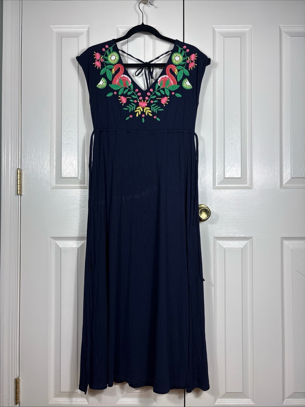 Boden Navy Maxi Dress with Pink & Green Embroidered Detail